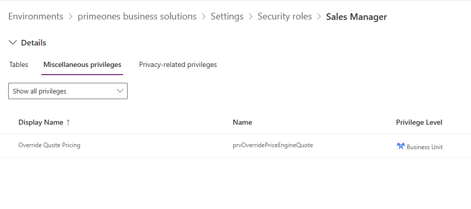 Ansicht Security Role Override Quote Pricing
